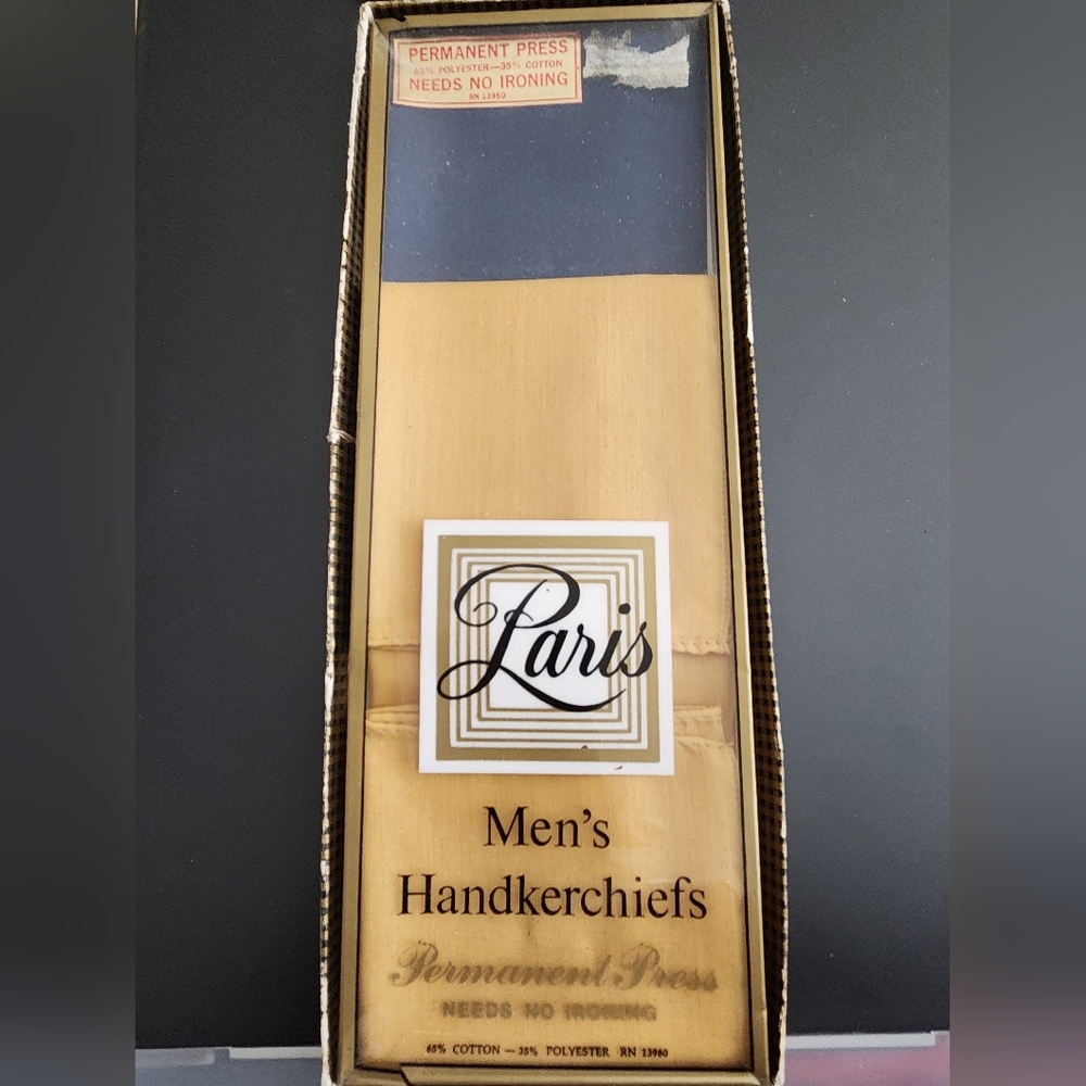 NIB Vintage Paris 1960s Men’s Handkerchiefs New Old Stock In Packaging Gold/Navy